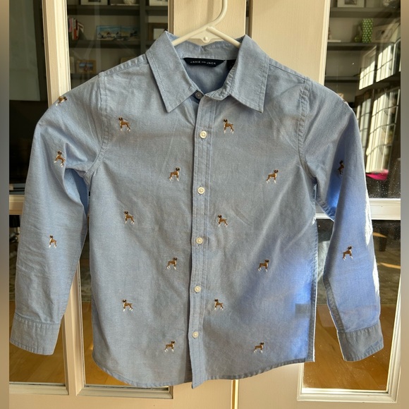 Janie and Jack Boys Dress Shirt - Chambray with embroidered dogs. Size 6 - Picture 1 of 4